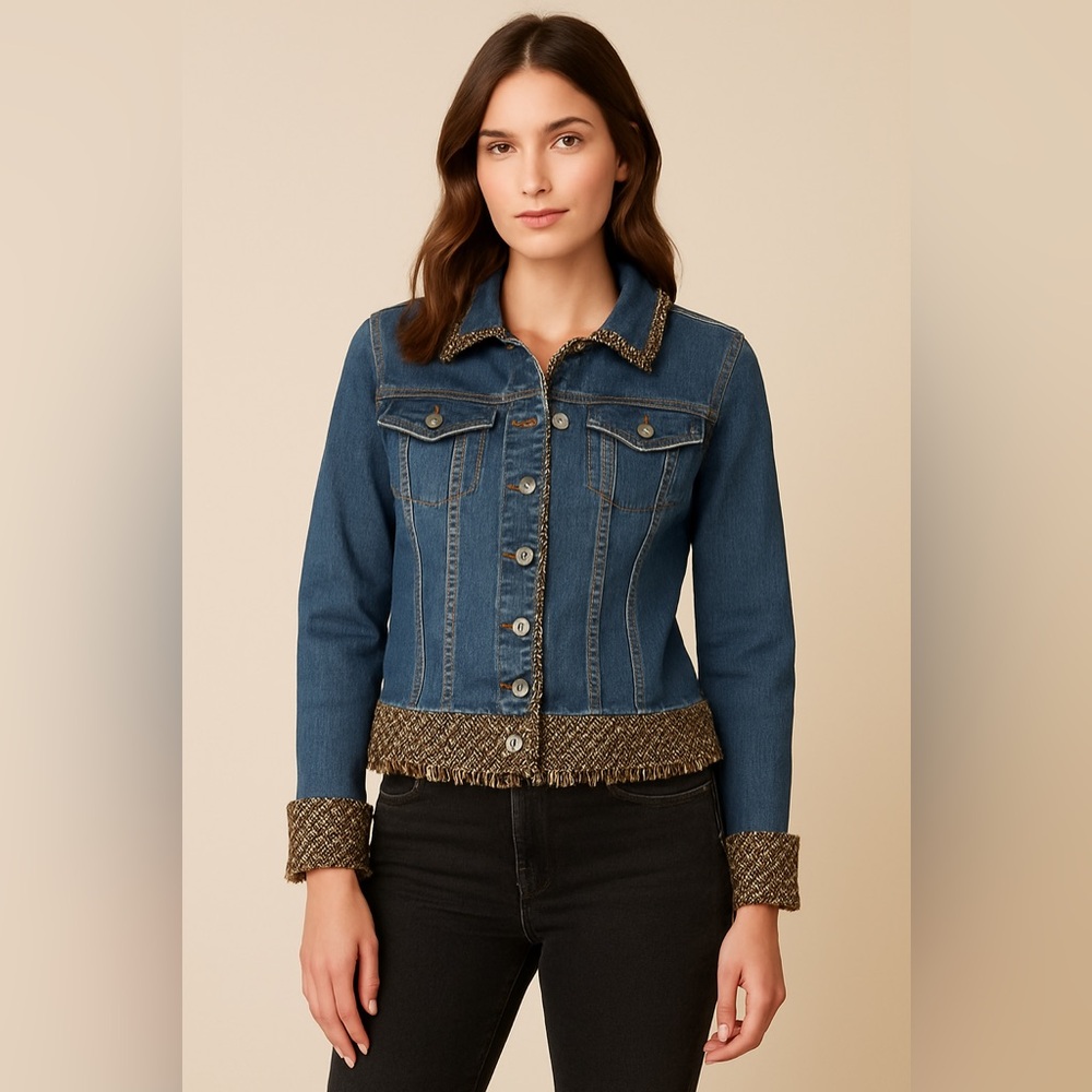 Coldwater Creek Denim Jacket with Tweed Trim Size 6